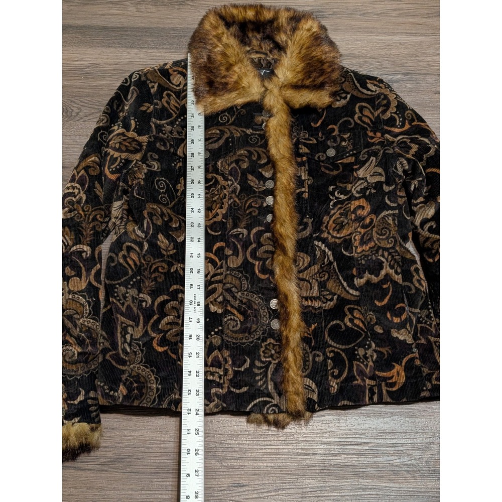 Black Rivet Womens M Corduroy Faux Fur Trim Paisley Trucker Jacket Brown Black - Picture 2 of 5